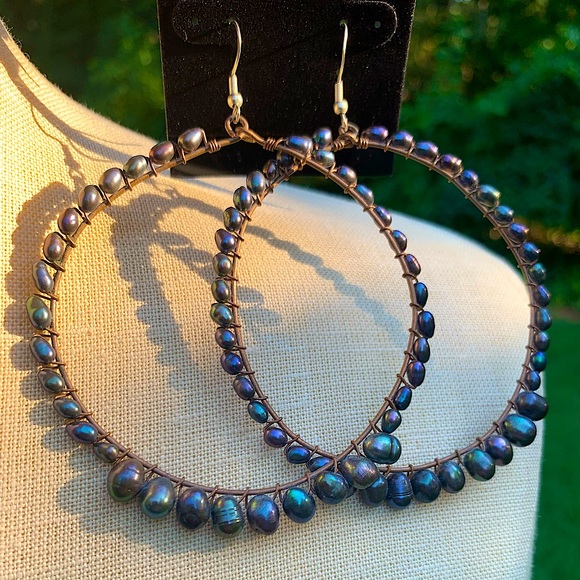 Hand Crafted Jewelry - Iridescent Freshwater Pearl Hoop Earrings